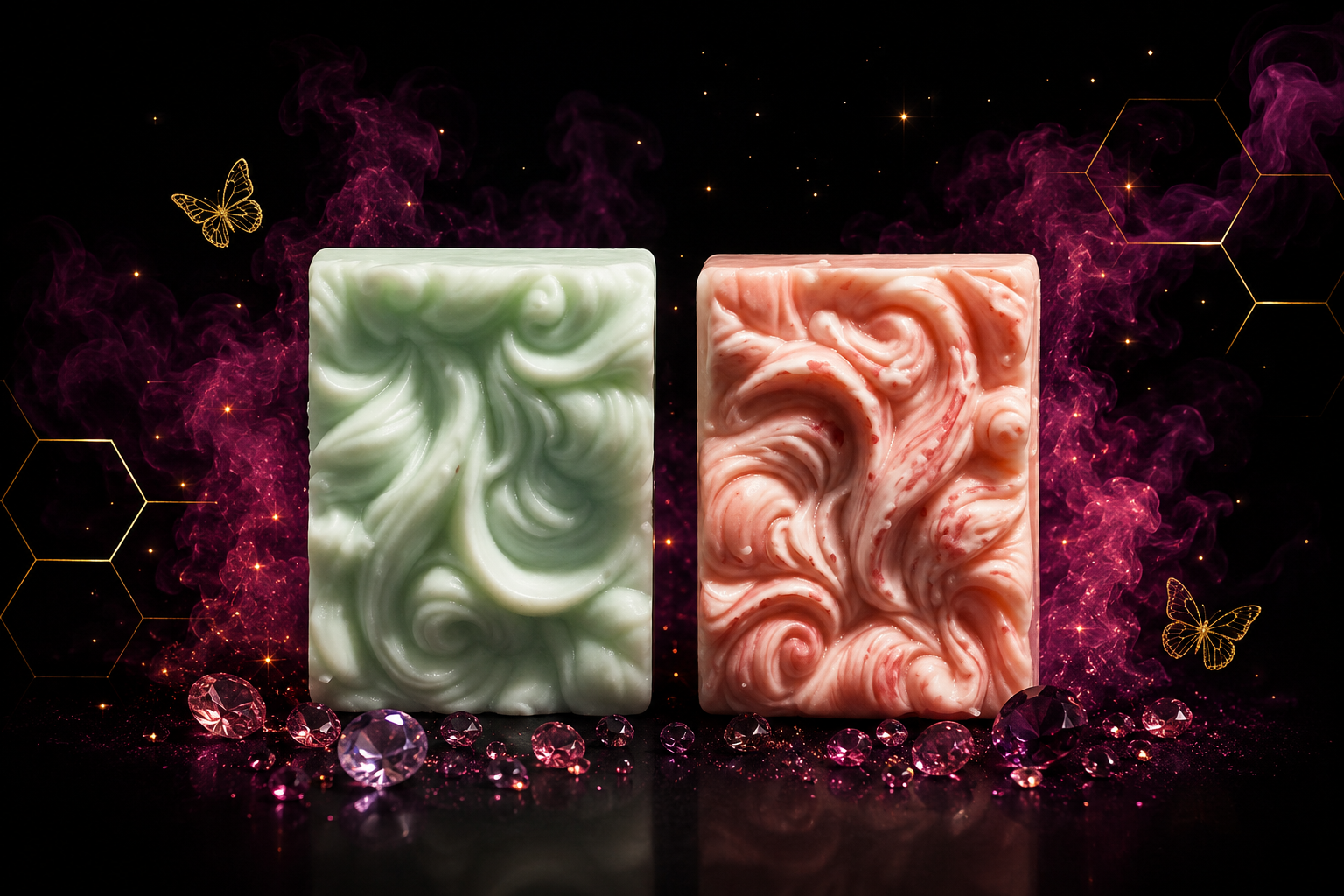 Green and pink swirled rectangular soy wax melt bars