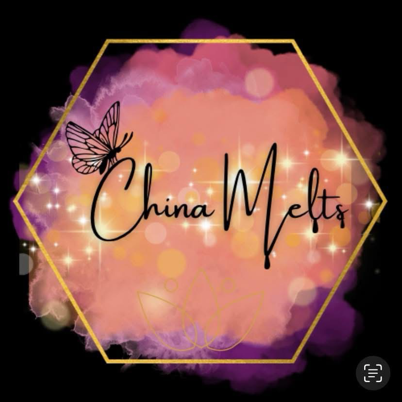 China Melts logo: gold hexagon with pink and purple clouds and a butterfly